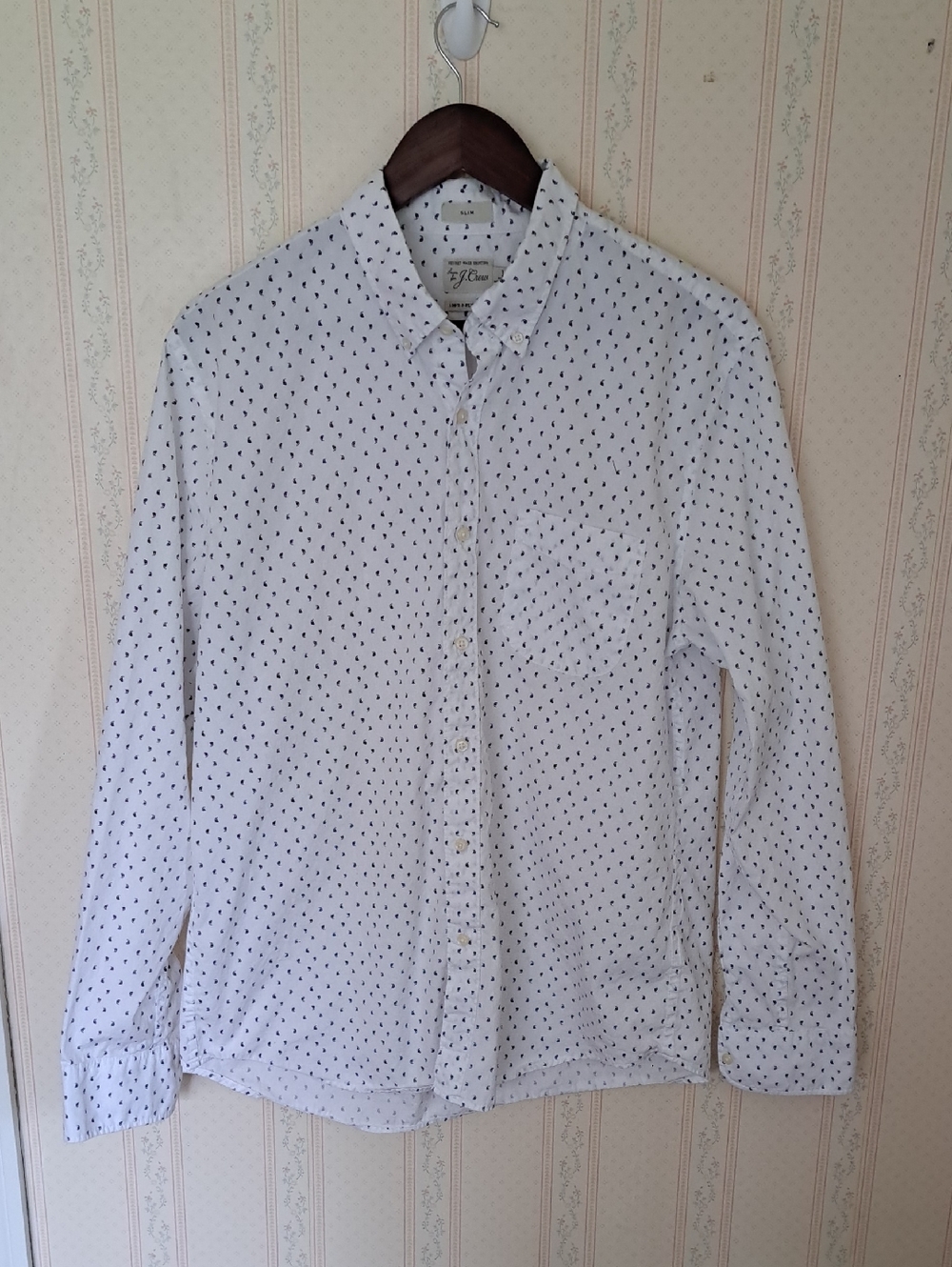 J. Crew Secret Wash Slim Fit White Button-Down‎ Shirt with Navy Sailboat Pattern